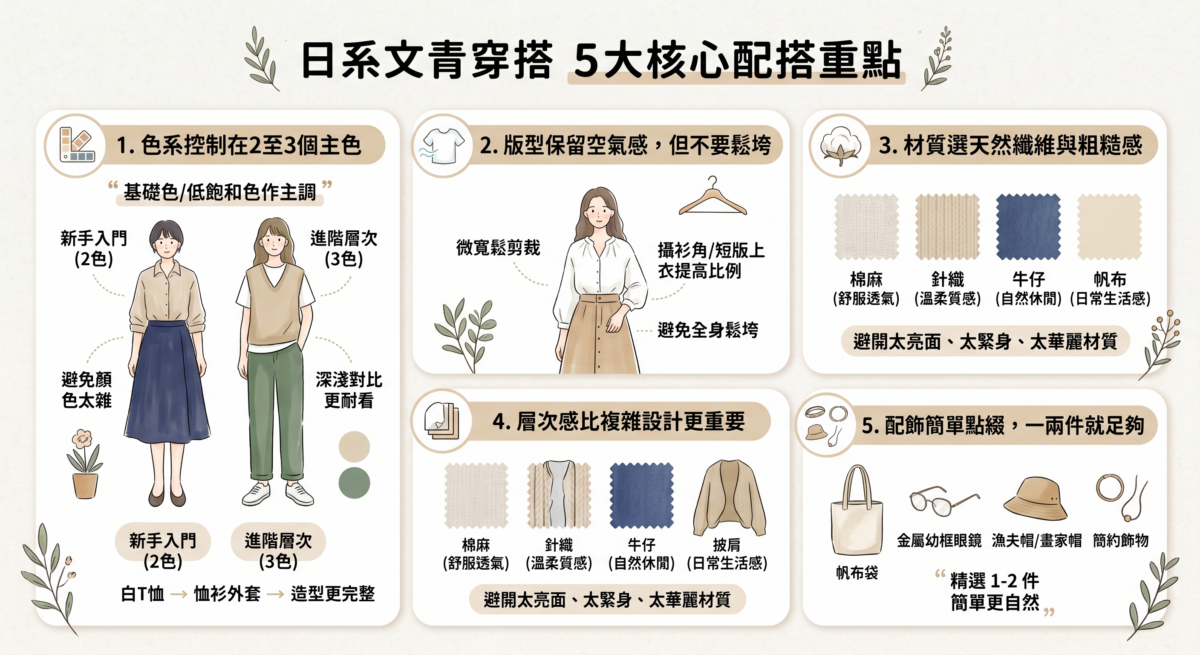 文青穿搭教學資訊圖：總結 5 大配搭重點，包含 2 至 3 個主色配色法、微寬鬆版型比例、棉麻與牛仔材質選用、背心與披肩的層次感打造，以及眼鏡與帆布袋等簡約配飾建議。