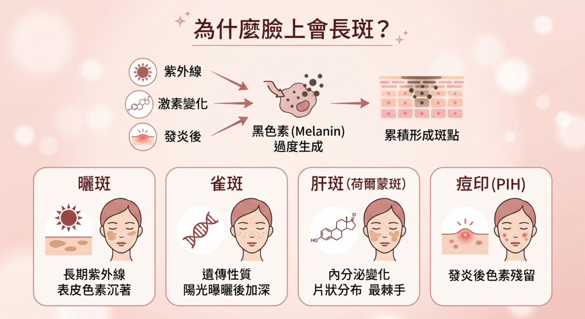 斑點的形成主要是因為皮膚內的黑色素 (Melanin) 在紫外線刺激、激素變化或炎症後過度生成並累積。
