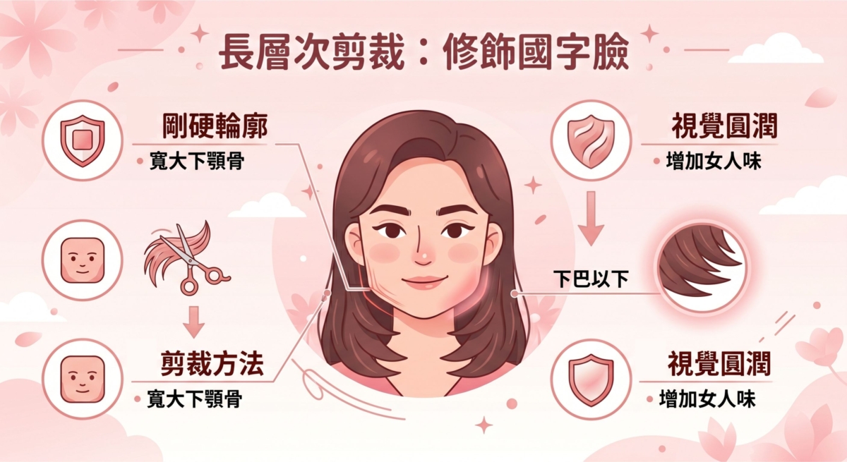 透過「長層次」的修剪方式，可以讓髮絲自然垂落在臉頰兩側，視覺上能有效遮蓋寬大的下顎骨線條。