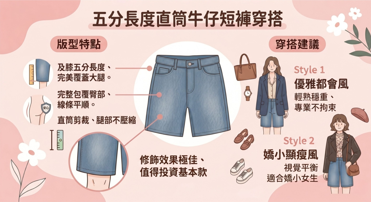 直筒短褲的復古風潮終於回來了，這種長度落在膝蓋上方的款式，對於想修飾大腿肉感的人來說非常友善。