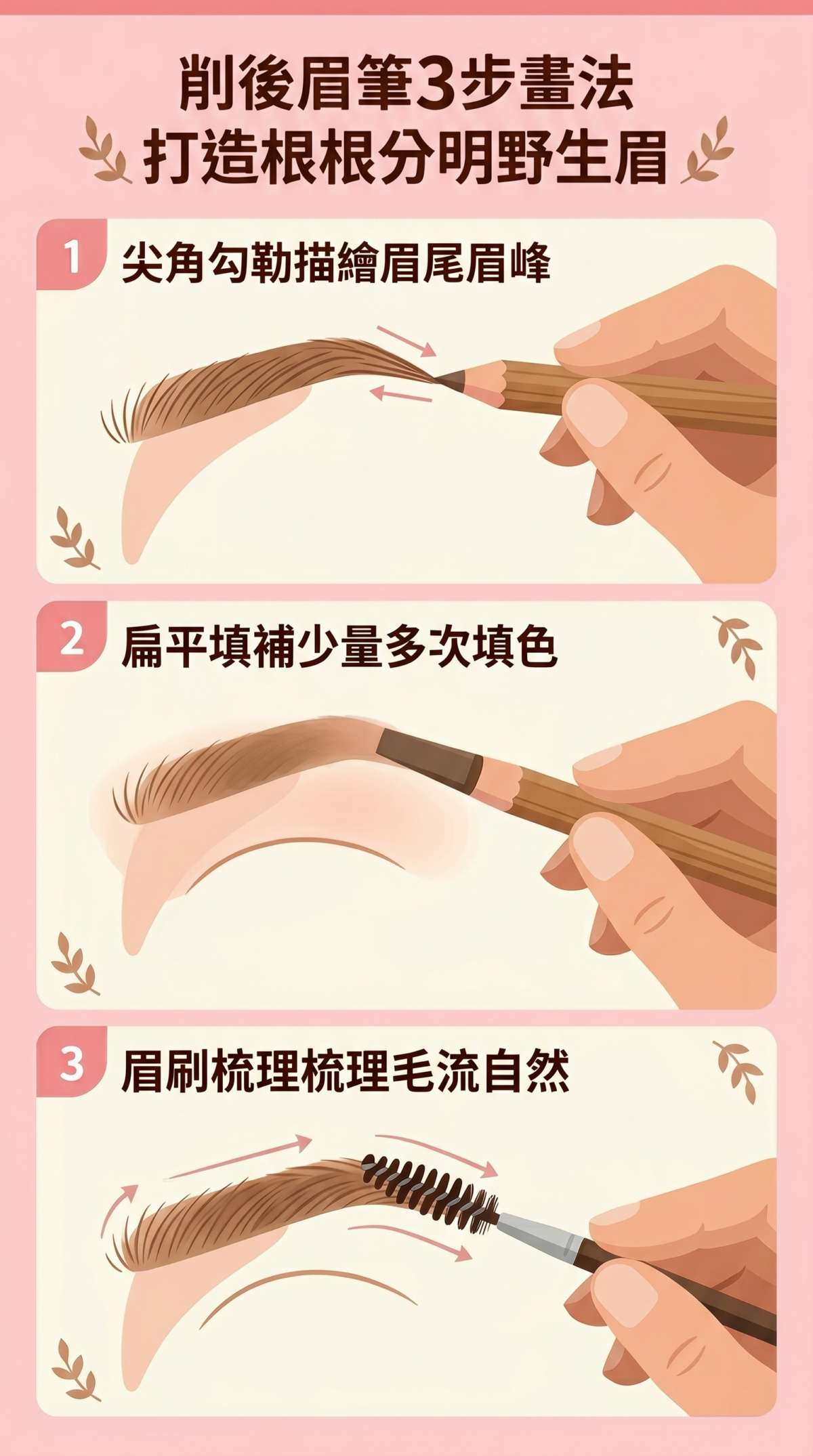自然野生眉畫法資訊圖：示範如何使用砍刀形眉筆尖角畫眉尾毛流，以及使用扁平面填補眉中空隙與眉刷暈染技巧。