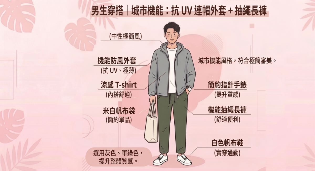選擇一件超薄、具備抗 UV 功能的機能防風外套，內搭涼感 T-shirt。