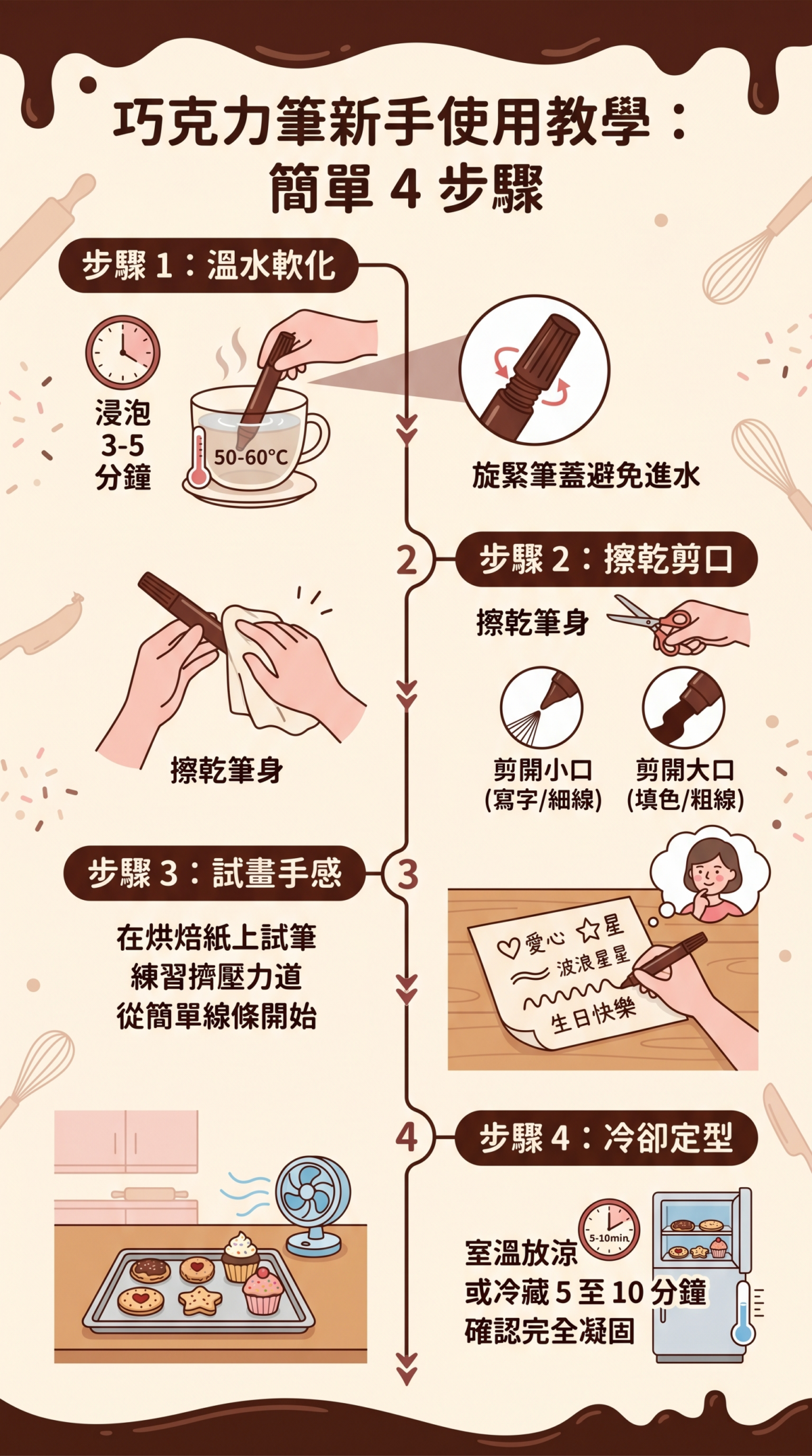 巧克力筆教學資訊圖表：從溫水軟化、剪開小口、試畫手感到冷卻定型的 4 個簡單步驟拆解。