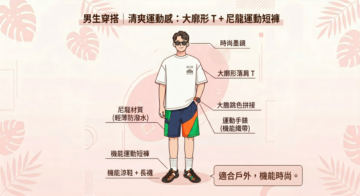 選用落肩剪裁的 Oversized T-shirt，搭配近年很流行的尼龍材質短褲。