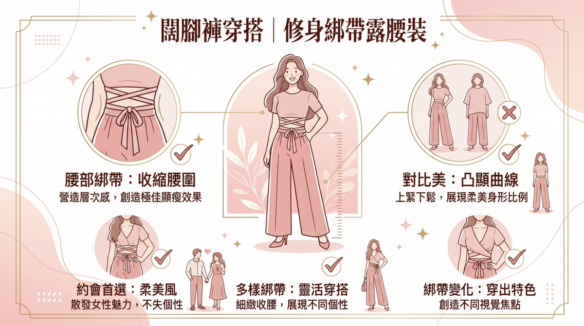 腰部的綁帶細節能營造出視覺層次感，進而收縮視覺腰圍，創造出極佳的顯瘦效果。