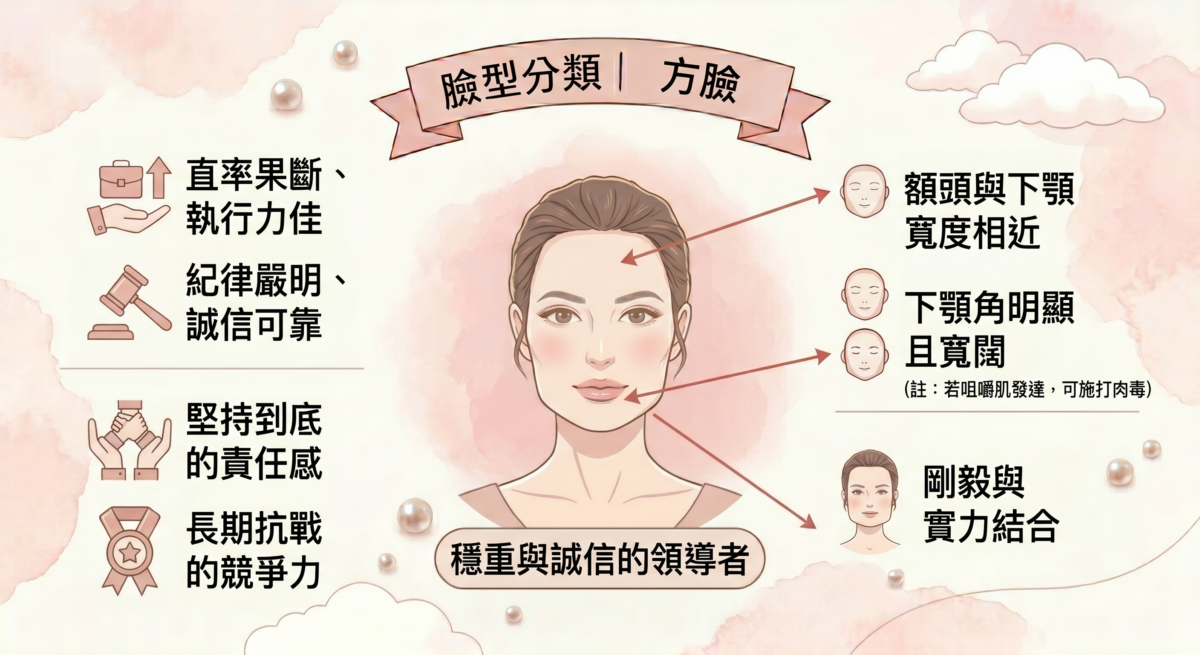 方臉的骨骼結構非常分明，這讓整個人給人一種穩重且值得信任的強大氣場。