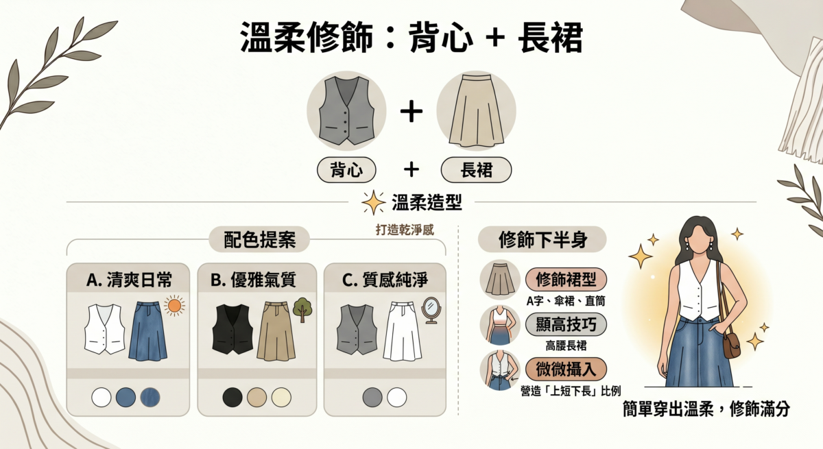 背心與長裙穿搭圖解：展示 A 字裙、傘裙與直筒裙的修飾效果，並說明高腰比例與白搭丹寧、黑搭卡其、灰搭白色的配色建議。