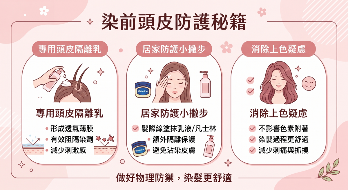如果你擔心染髮過程中的刺激感，專業頭皮隔離乳是你的好幫手。