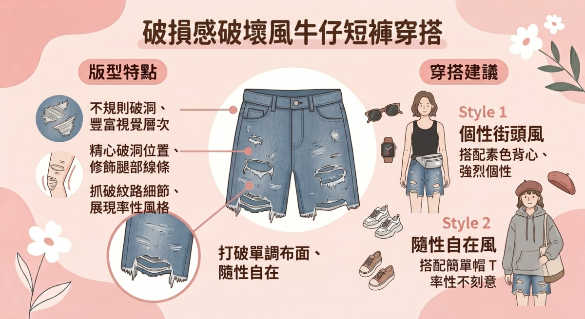 牛仔褲上的不規則破洞設計，能打破單調的布面感，讓你的穿搭看起來更有隨性自在的味道。