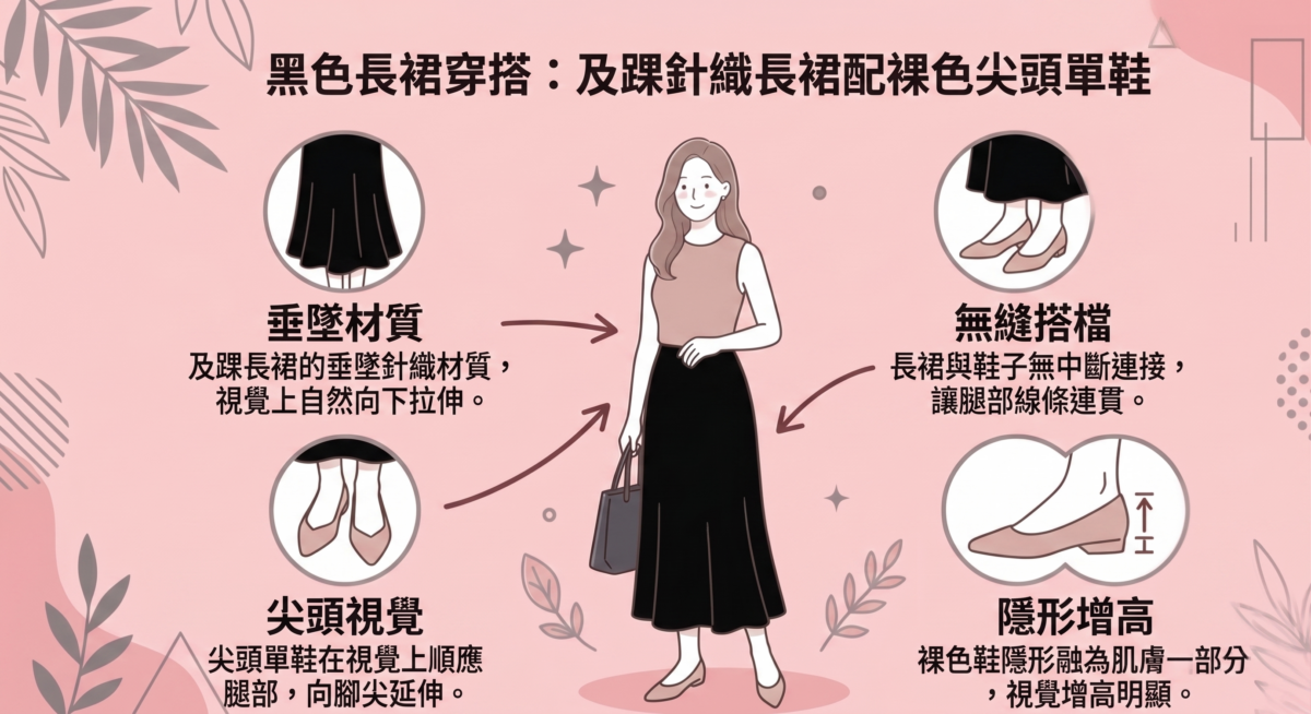 針織裙的垂墜感加上尖頭鞋的視覺延伸，讓腿部線條看起來沒有中斷。