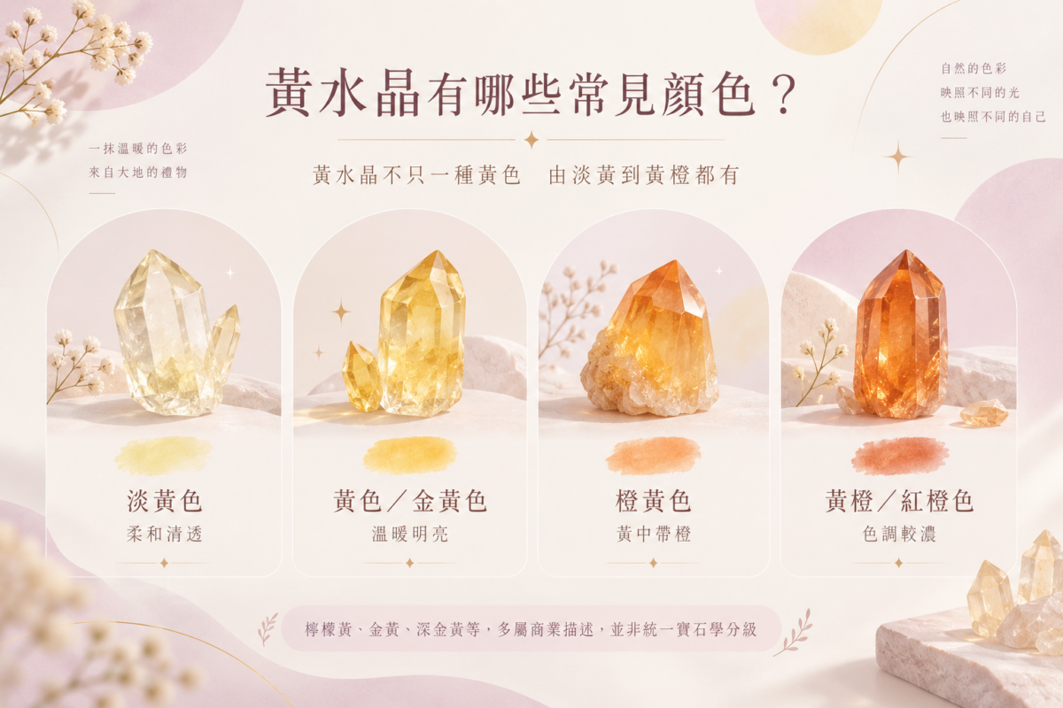 黃水晶常見顏色與色調圖解:包含淡黃色、金黃色、橙黃色及黃橙/紅橙色黃水晶的外觀特色與色澤對比。