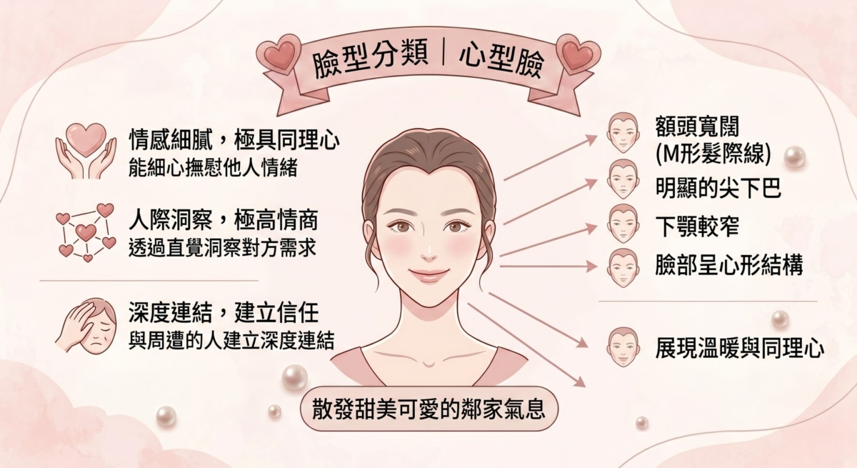 心型臉擁有明顯的尖下巴與寬闊額頭，看起來總是帶有一種甜美可愛的鄰家氣息。