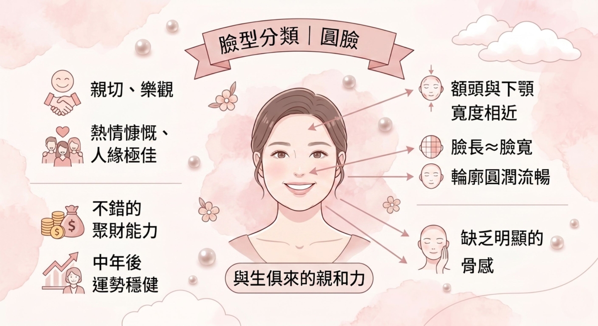 圓臉面相總能給人一種親切、樂觀的直接印象，讓人不自覺想靠近。這類人性格大多熱情慷慨，身邊的朋友也多，人緣極佳。