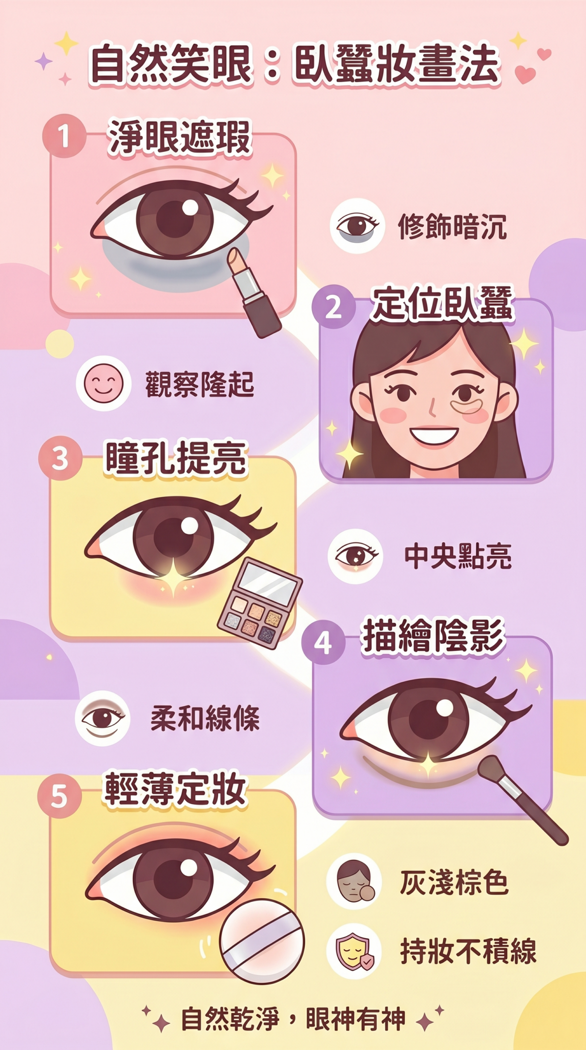 臥蠶妝畫法五步驟教學圖，包含眼下遮瑕、微笑找位置、瞳孔下方提亮、畫淡淡陰影以及最後定妝的詳細視覺引導。