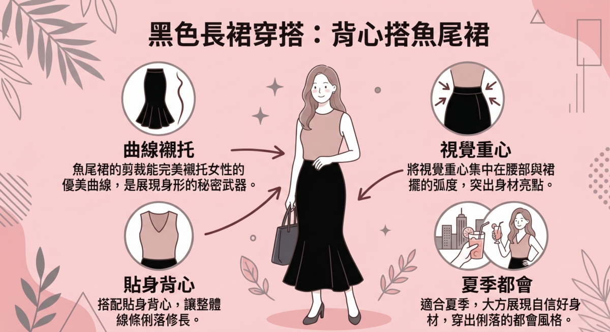 搭配貼身背心，可以讓整體線條顯得俐落修長，將視覺重心集中在腰部與裙擺的弧度。