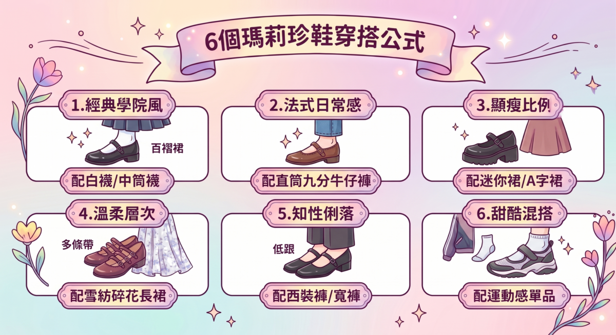 瑪莉珍鞋穿搭教學資訊圖，整理 6 種穿搭公式：包含學院風配白襪、法式感配牛仔褲、顯高比例配迷你裙、溫柔感配長裙、知性風配西裝褲及甜酷風配運動單品。