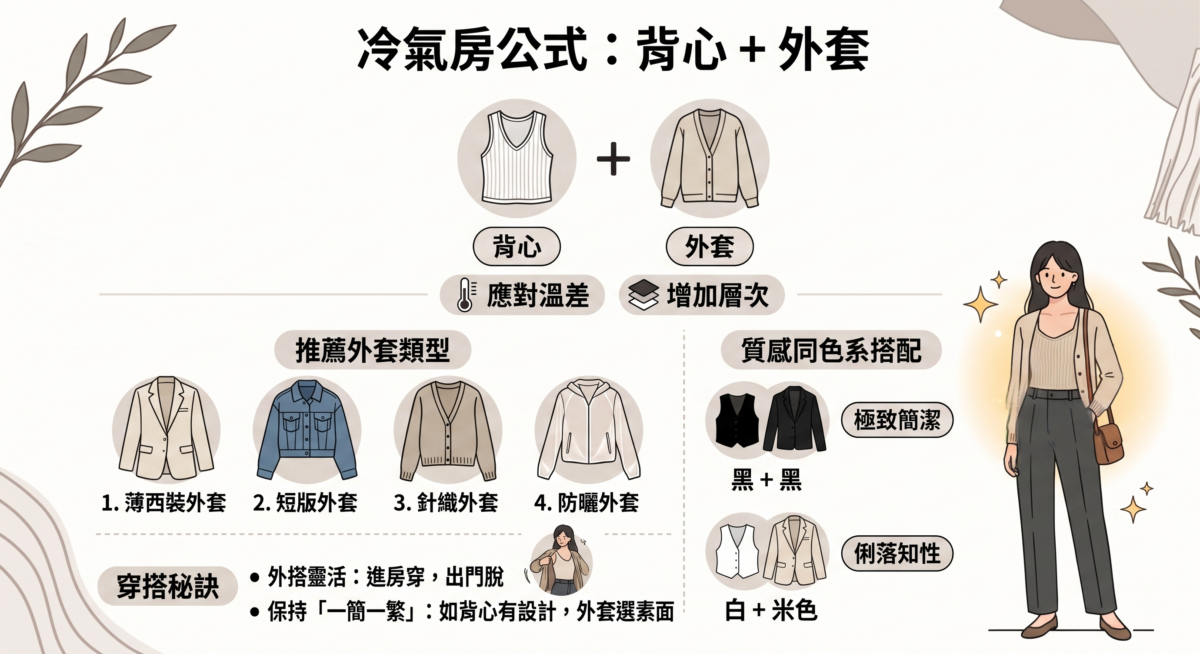 背心與外套穿搭圖解：展示薄西裝外套、針織外套與防曬外套的組合方案，並提供黑搭黑、白搭米等同色系搭配技巧，解決冷氣房溫差同時增加層次感。