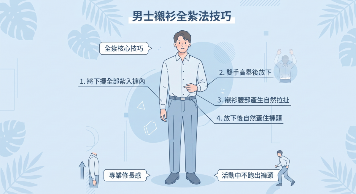 全紮技巧的核心在於將襯衫布料完整收納進褲頭。