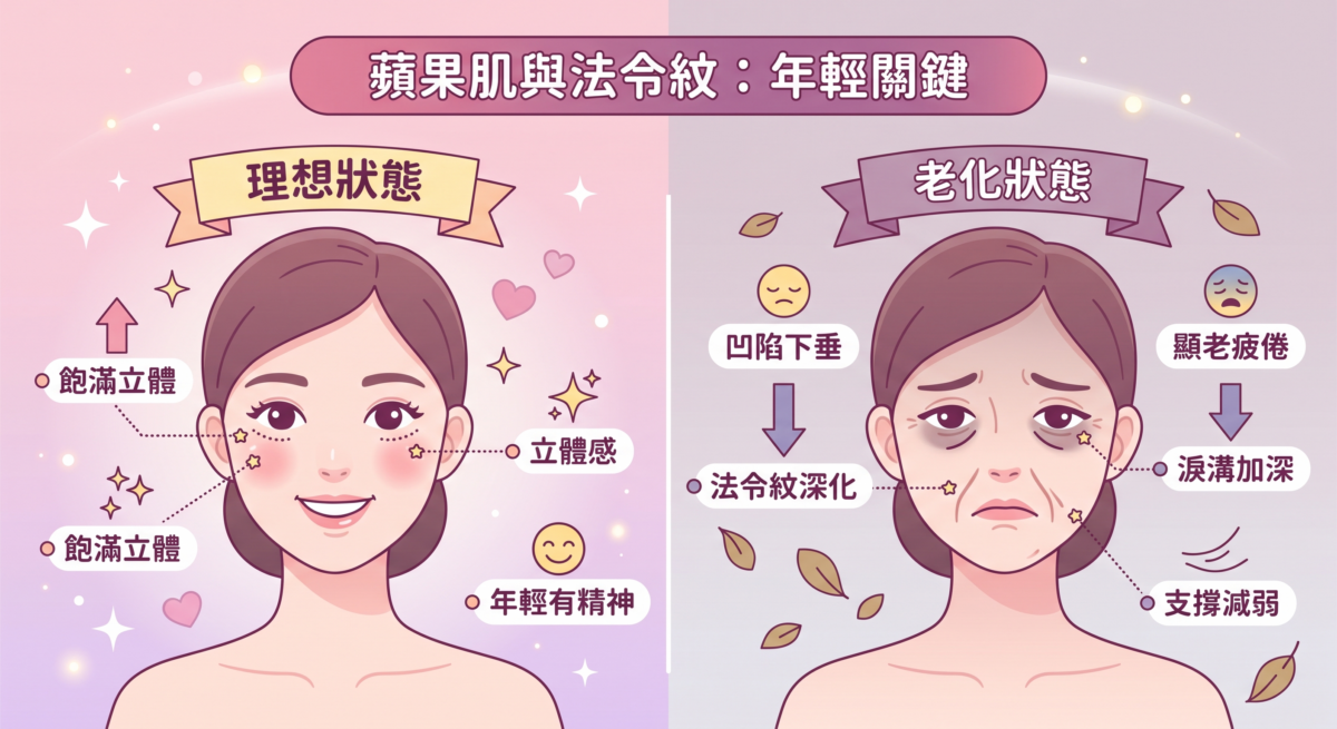 蘋果肌位置與老化下垂對比示意圖：展示眼睛下方 2cm 飽滿蘋果肌與下垂後導致法令紋、淚溝加深的視覺差異。