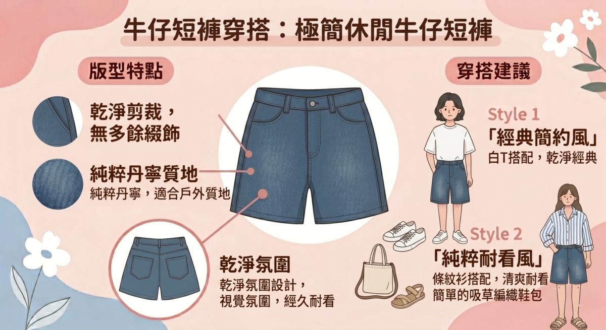 這種短褲捨棄了破損、刷白與五金，讓丹寧本身的質地直接成為焦點。