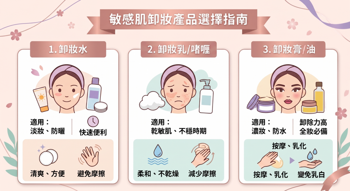 敏感肌卸妝質地選擇指南資訊圖：對比卸妝水（淡妝、防曬）、卸妝乳與啫喱（乾敏肌、日常清潔）、卸妝膏與卸妝油（濃妝、防水彩妝）的適用場景與使用重點。