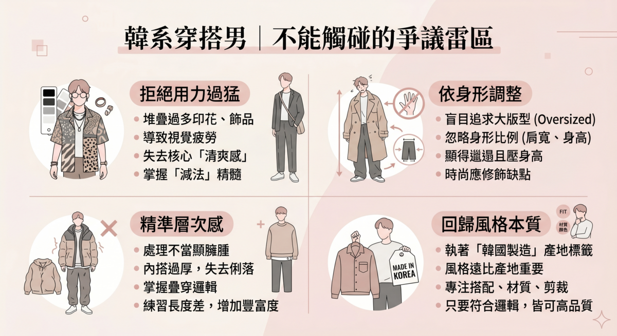 韓系男裝避雷指南，提醒避免四個錯誤：拒絕過度堆疊印花與飾品、盲目追求寬大版型而忽略身形比例、內搭過厚導致臃腫，以及不應過度執著於產地標籤。