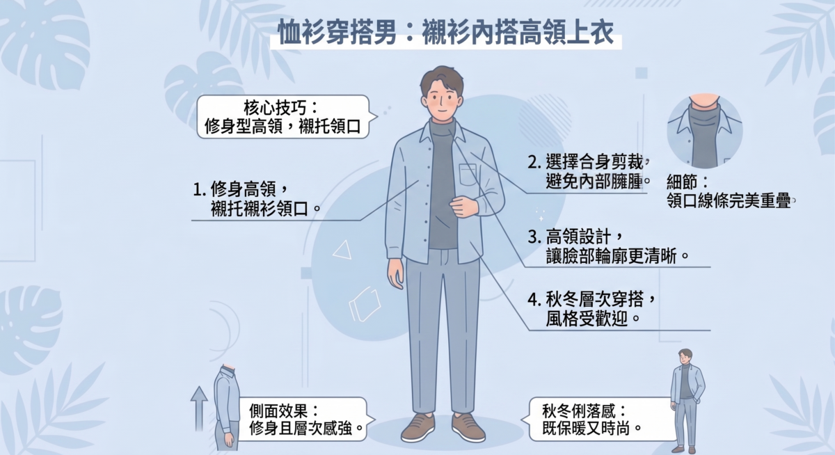 在氣溫稍低的秋冬季節，襯衫內搭修身款的高領上衣，是非常受歡迎的造型组合。