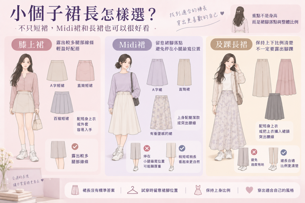 小個子女生裙長選擇全指南資訊圖:比較膝上裙、Midi裙和及踝長裙的穿搭建議、選擇重點與視覺效果。