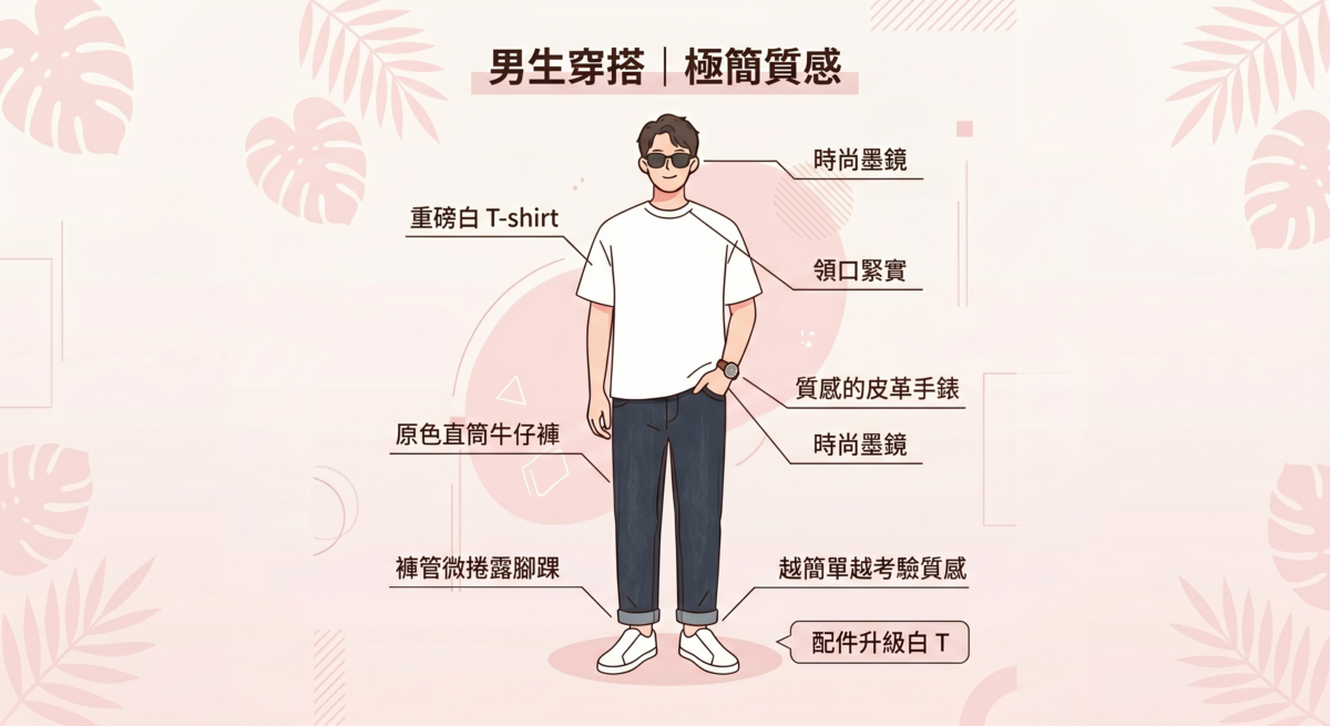 選擇一件磅數較高、領口緊實的白 T-shirt，避免激凸或看起來像內衣。