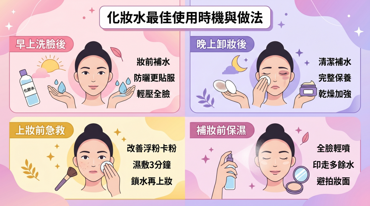 化妝水使用時機整理圖：包含早上補水、晚上保養、化妝前濕敷急救與補妝前使用保濕噴霧的正確用法與優點。