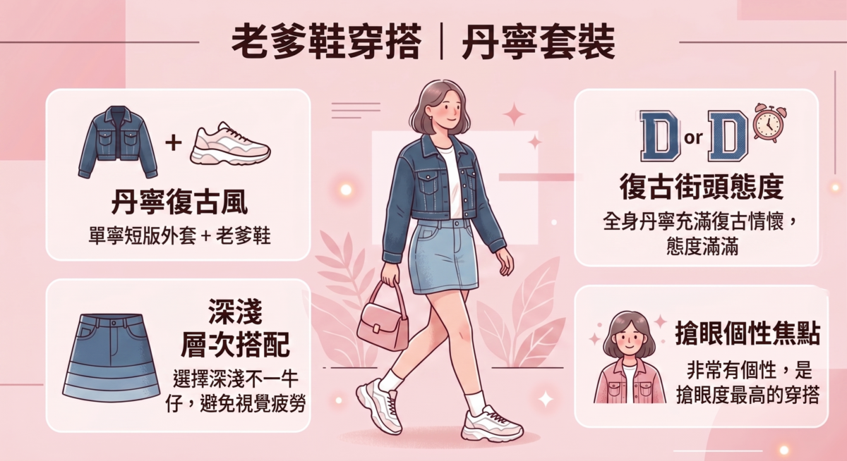 全身丹寧（Denim on Denim）充滿復古情懷，搭配老爹鞋穿出滿滿的態度。