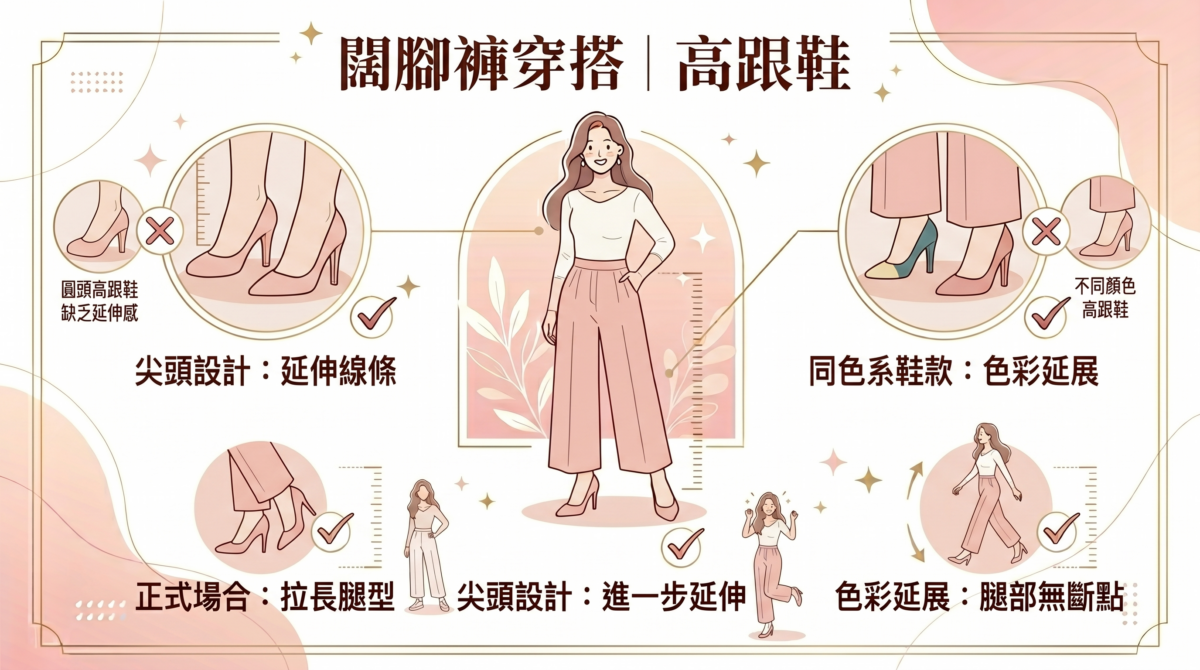 當需要出席較為正式的場合時，高跟鞋絕對是拉長闊腳褲腿型的終極法寶
