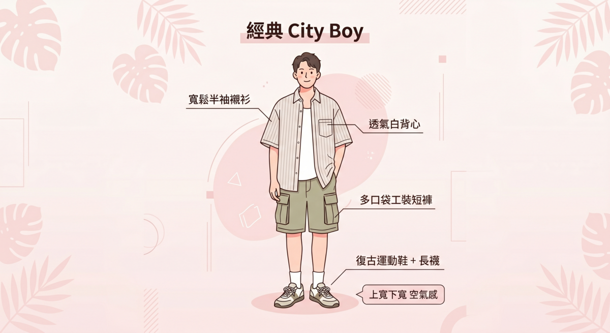 選一件寬鬆裁切的條紋或純色半袖襯衫，內搭一件透氣的白色白背心，下身配上膝上長度的多口袋工裝短褲。