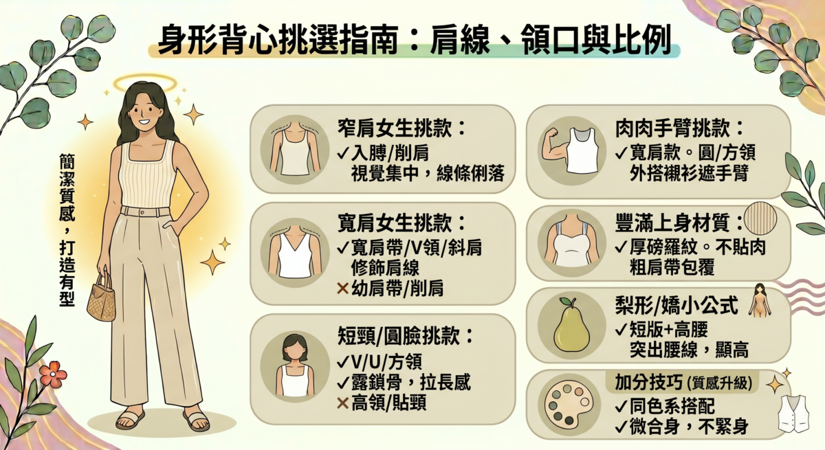 不同身形背心穿搭指南資訊圖：包含窄肩、寬肩、短頸、手臂肉、豐滿及梨形身材的背心領口與肩帶挑選建議，幫助達成顯瘦修飾效果。
