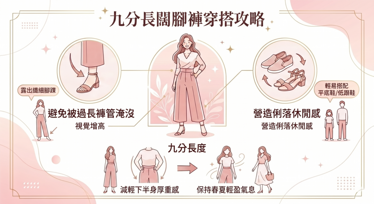 選擇九分長度的闊腳褲，剛好可以露出全身上下最纖細的腳踝位置，避免整個人被過長的褲管淹沒。