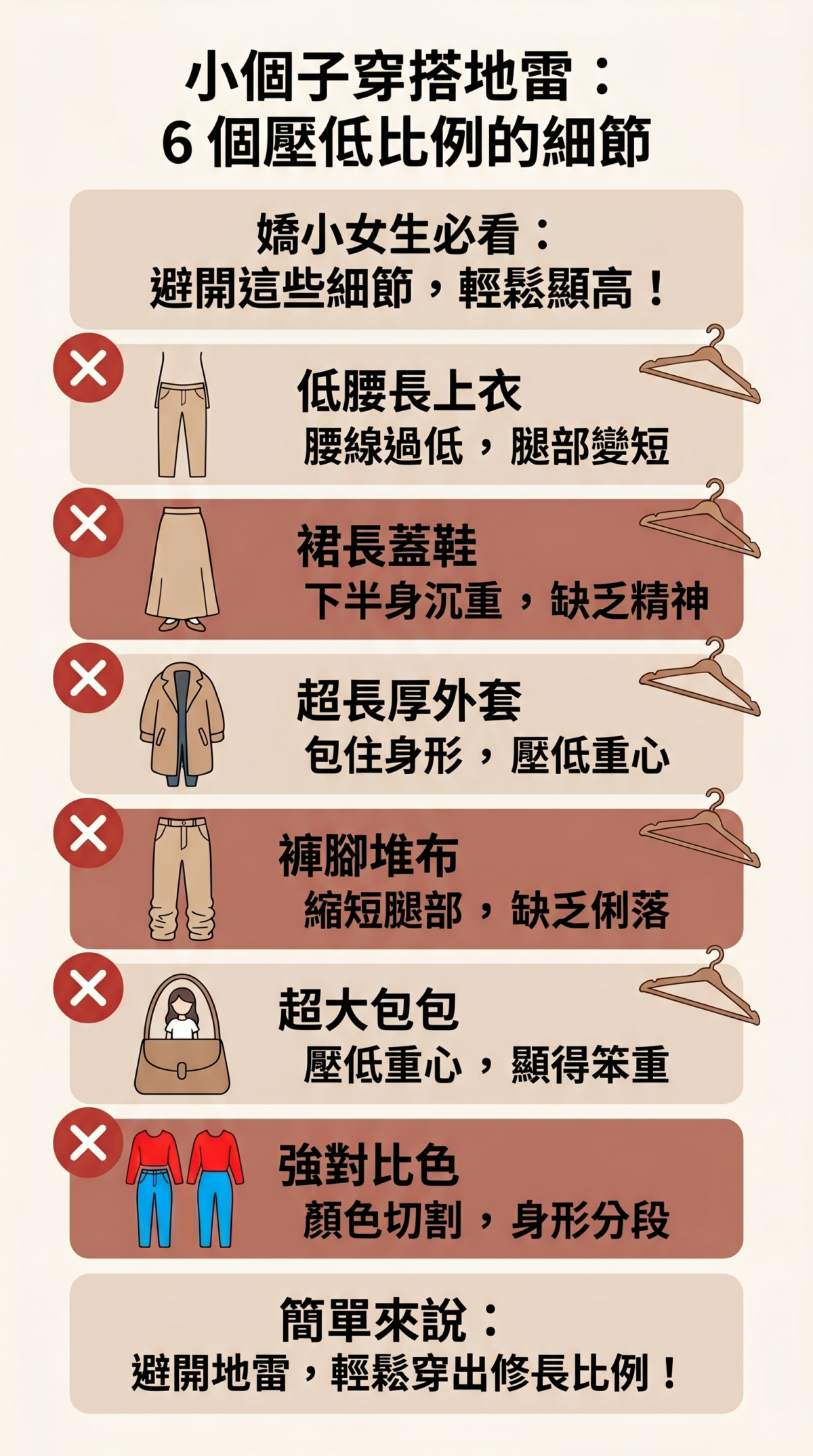 小個子女生穿搭地雷資訊圖，列出低腰褲、長裙蓋過鞋面、厚重 Oversize 外套、褲腳堆積、包包過大及顏色切割過於明顯等 6 個壓低比例的細節，並提供對應的顯高修正建議。