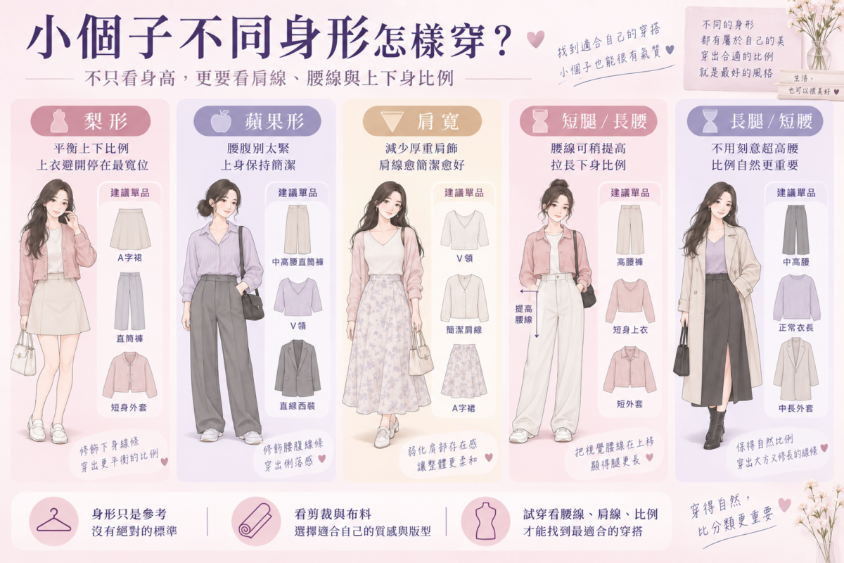 小個子不同身形穿搭指南資訊圖:梨形、蘋果形、肩寬、短腿長腰及長腿短腰的穿搭要點與推薦單品對比。