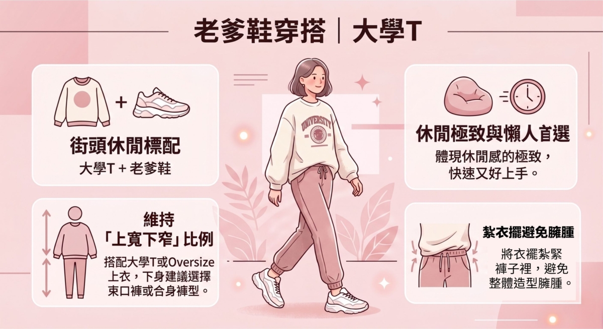 大學T與老爹鞋是街頭穿搭的標配，體現了休閒感的極致。