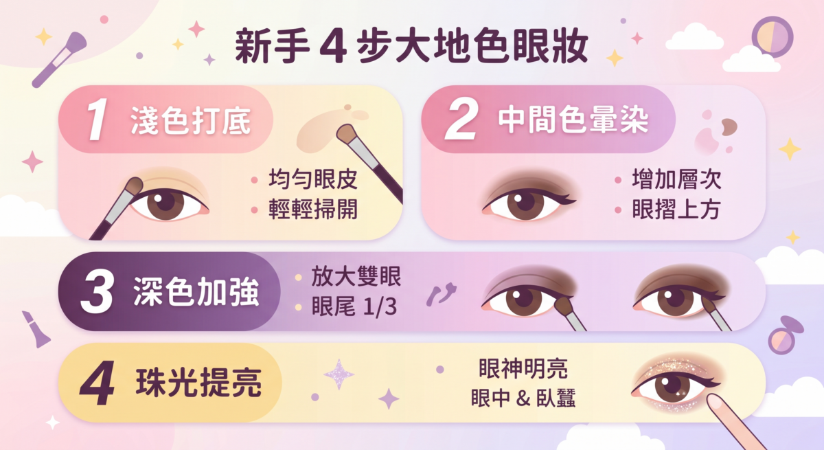 新手眼影教學圖：大地色眼妝的四個層次畫法，標示淺色打底、中間色漸層、深色眼尾加深與眼中珠光提亮的精確區域示意圖。