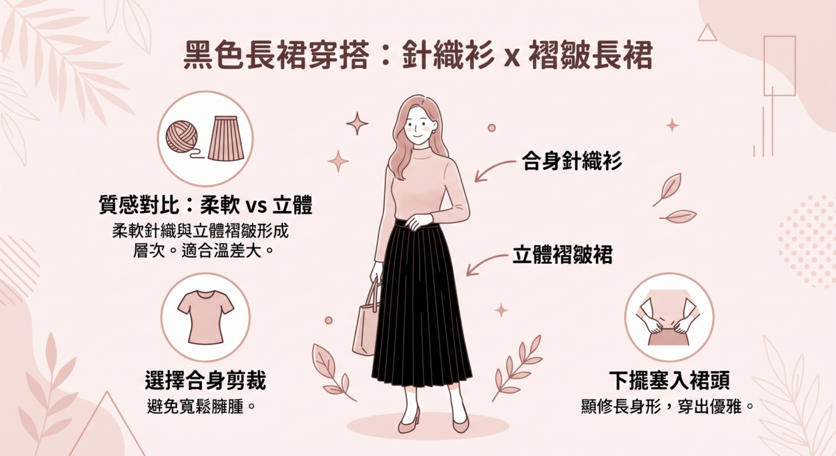 針織衫的棉柔觸感能平衡褶皺裙的硬挺線條，兩者相撞出的輕盈感，非常適合溫差大的天氣。