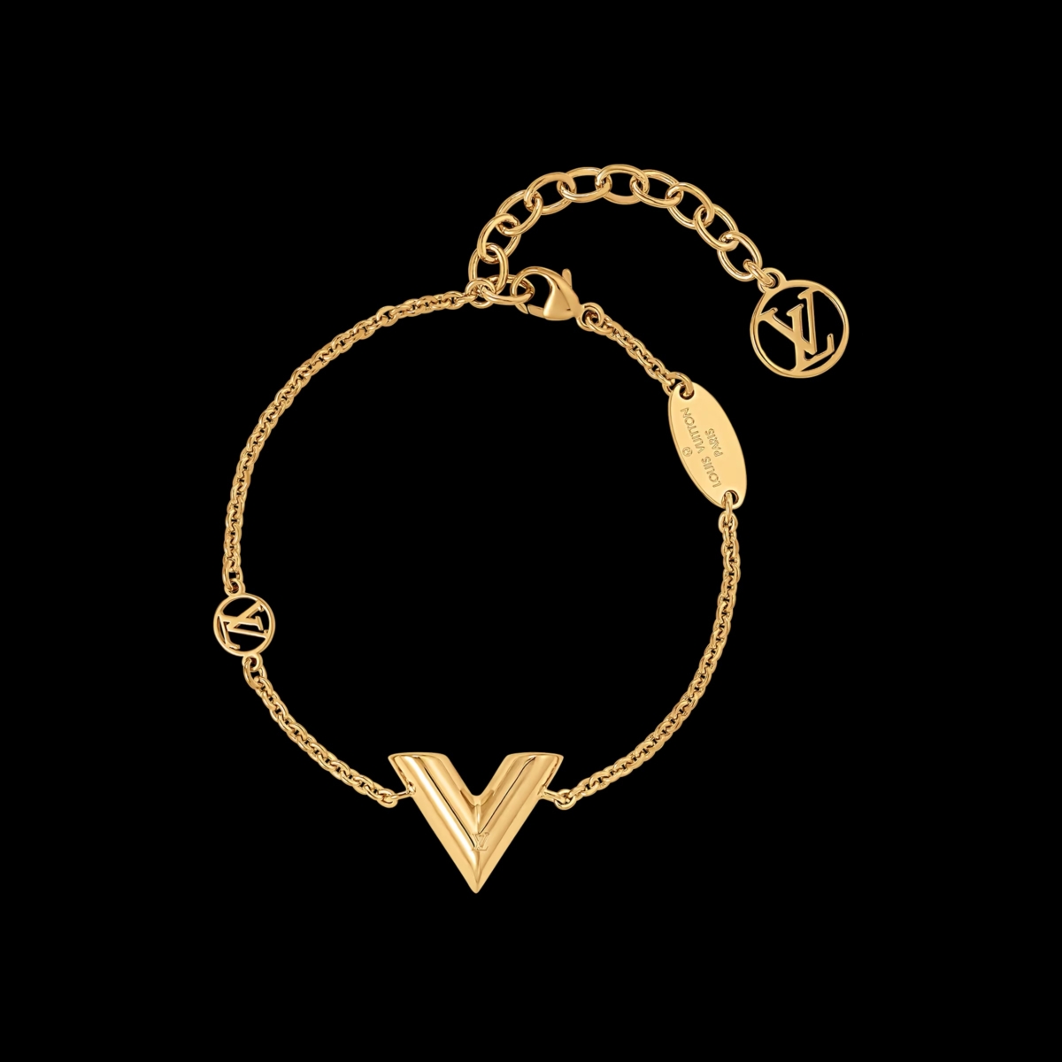 這款 Essential V 手鏈以經典 V 形標誌展現柔美氣息，靈感源自 Gaston-Louis Vuitton 的美學遺產。