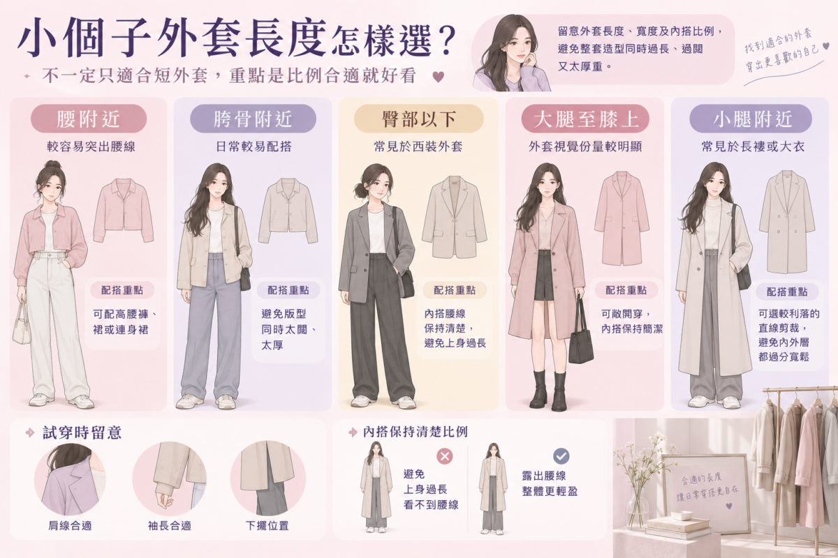 小個子女生外套長度選擇指南資訊圖:比較五種不同外套長度的穿搭關鍵與配搭重點示意圖。