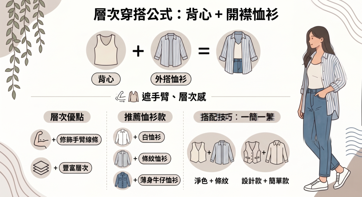 背心外搭恤衫穿搭圖解：展示白恤衫、條紋恤衫與牛仔恤衫的層次疊穿技巧，並強調一簡一繁原則與打開鈕扣穿法來修飾手臂與增加層次感。