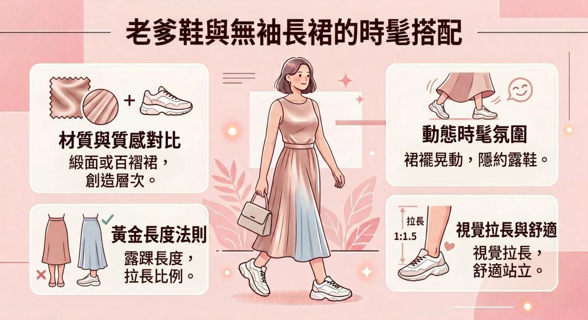 行走時裙襬隨著步伐晃動，隱約露出鞋身設計，營造出漫不經心的時尚氛圍。