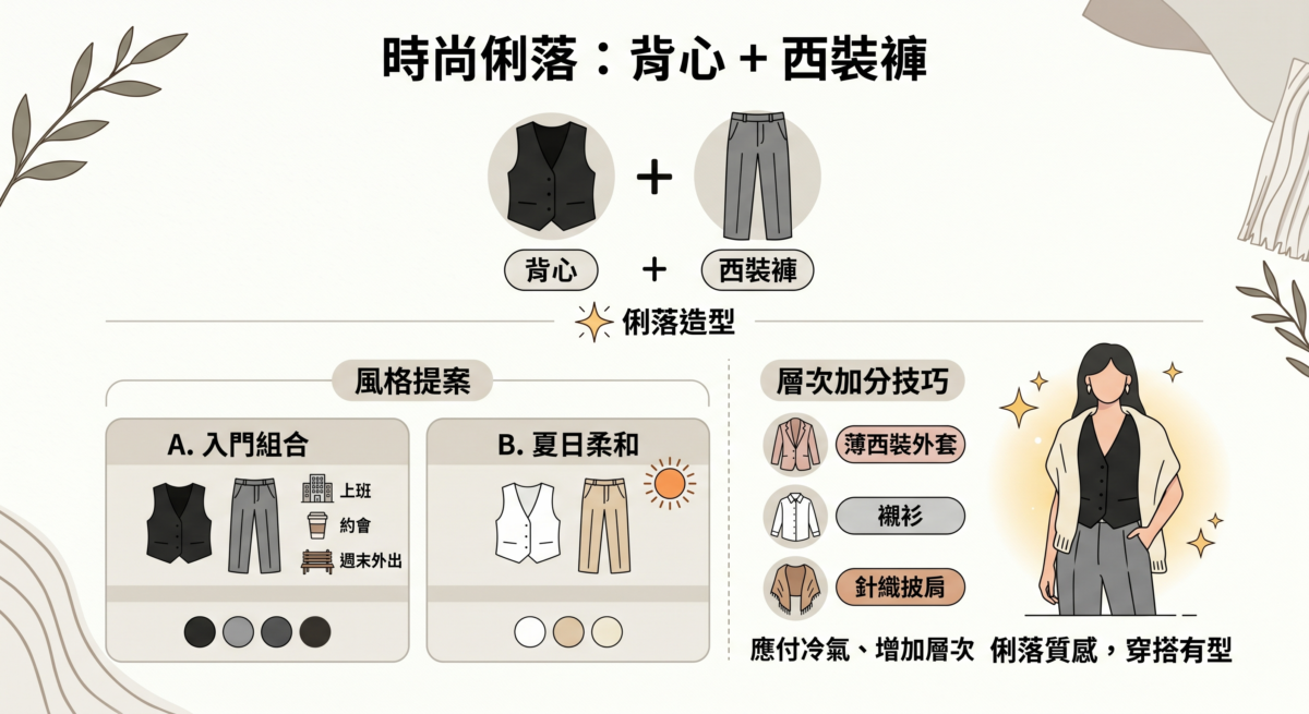 背心與西裝褲穿搭教學：展示黑背心搭灰褲與白背心搭米色褲的色系建議，並圖解如何透過薄外套、襯衫與披肩增加層次感。