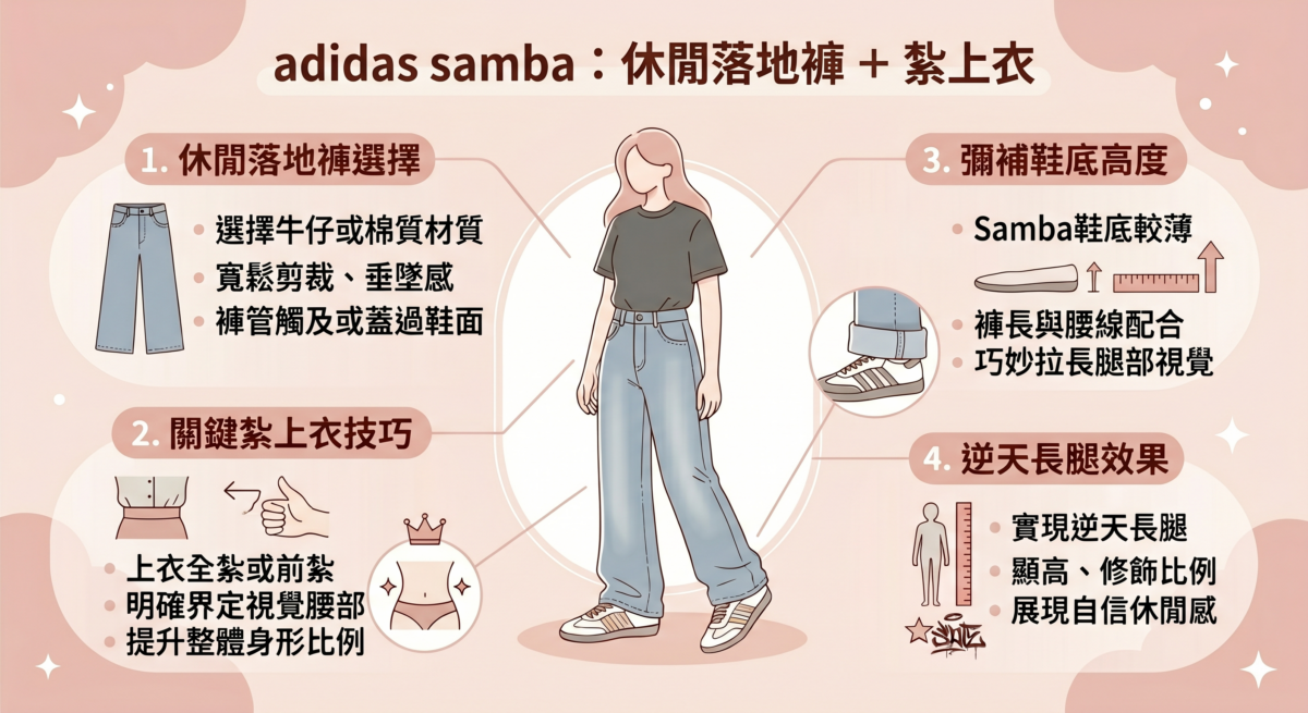 穿著牛仔褲或棉質落地褲，腳踩 Samba。一定要「將上衣紮進褲子」提高腰線。