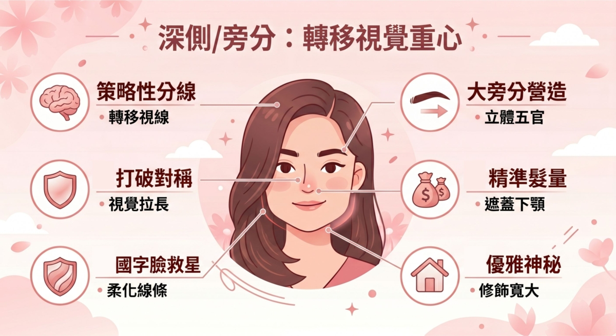 採用「深側分」或「大旁分」的比例，可以打破臉部的對稱感，藉由不對稱的視覺效果來轉移他人對下顎線條的注意力。