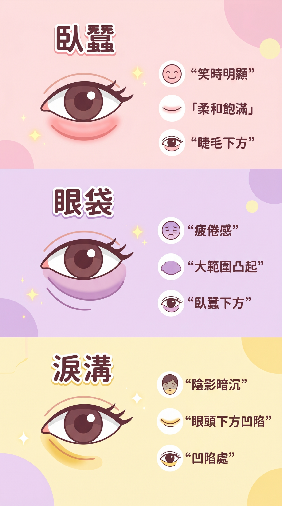 臥蠶、眼袋與淚溝的位置差異教學圖，詳細標記下睫毛下方的臥蠶、其下方的眼袋凸起，以及從眼頭延伸的淚溝凹陷處，幫助使用者自我辨識眼部問題。