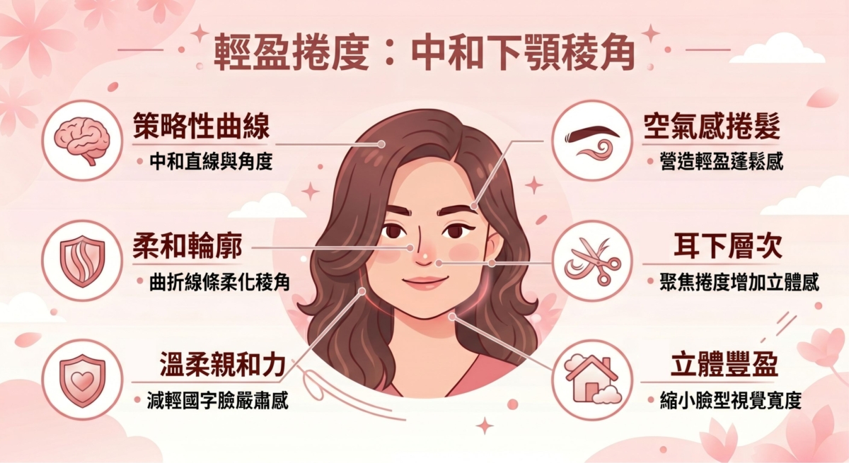 無論是微捲的波浪還是輕盈的空氣感捲髮，都能透過曲折的髮絲線條中和掉下巴處的稜角。