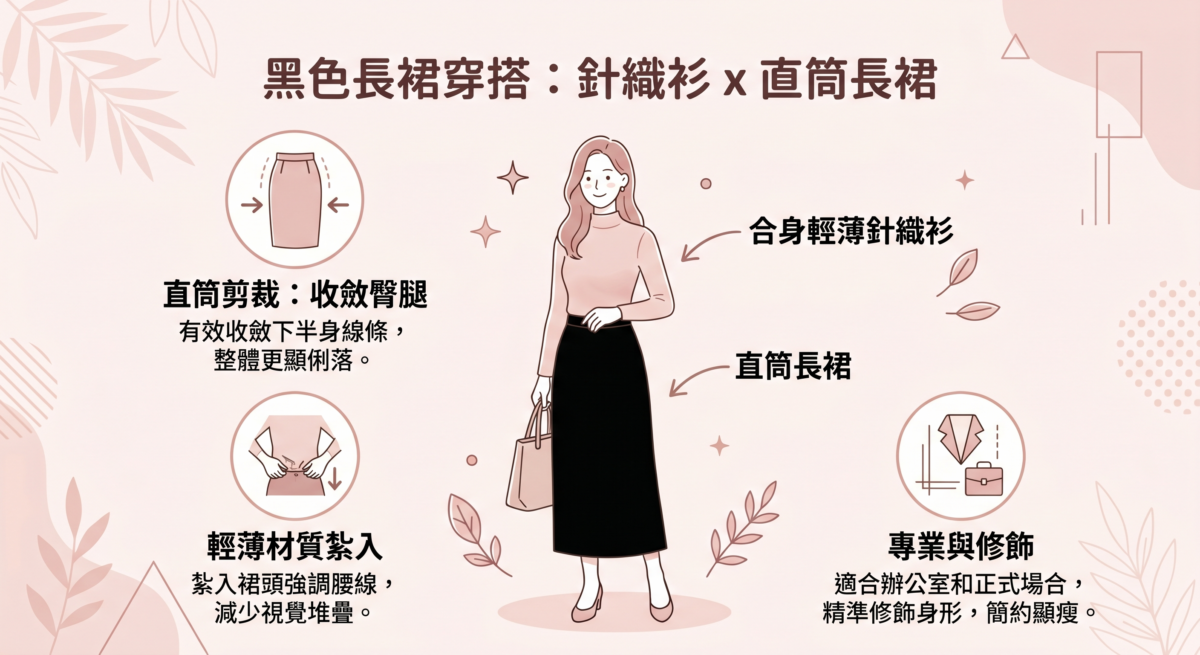 直筒剪裁能有效收斂臀部與腿部線條，讓整個人看起來更俐落。